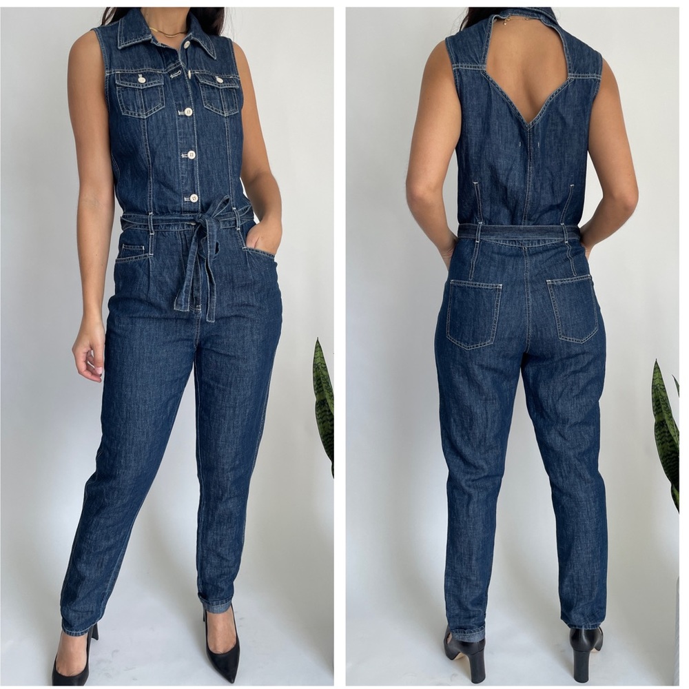 NWT Gap sleeveless waist tie denim chambray button front jean jumpsuit S